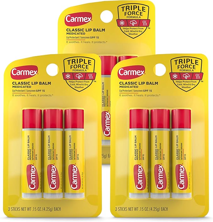 Carmex Classic Medicated Lip Balm Sticks, Lip Moisturizer for Chapped Lips, 9 Count (3 Packs of 3)