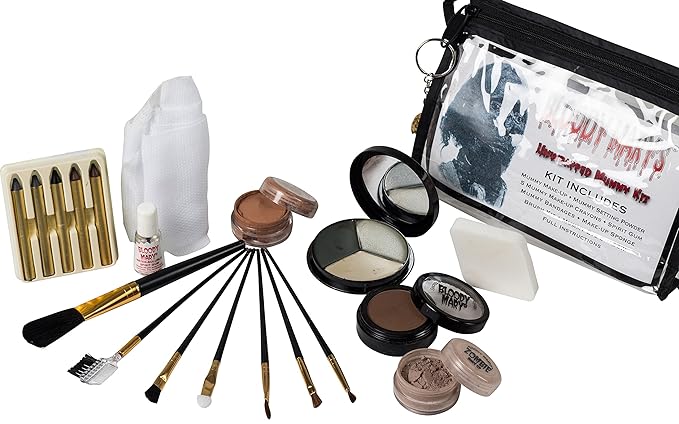 Unwrapped Mummy Makeup Kit By Bloody Mary - Special Effects Set Ideal For Halloween Costumes - Face Powder, Crayons, Eye Shadow, 4 Brushes, Spirit Gum, Bandages & Sponge Included