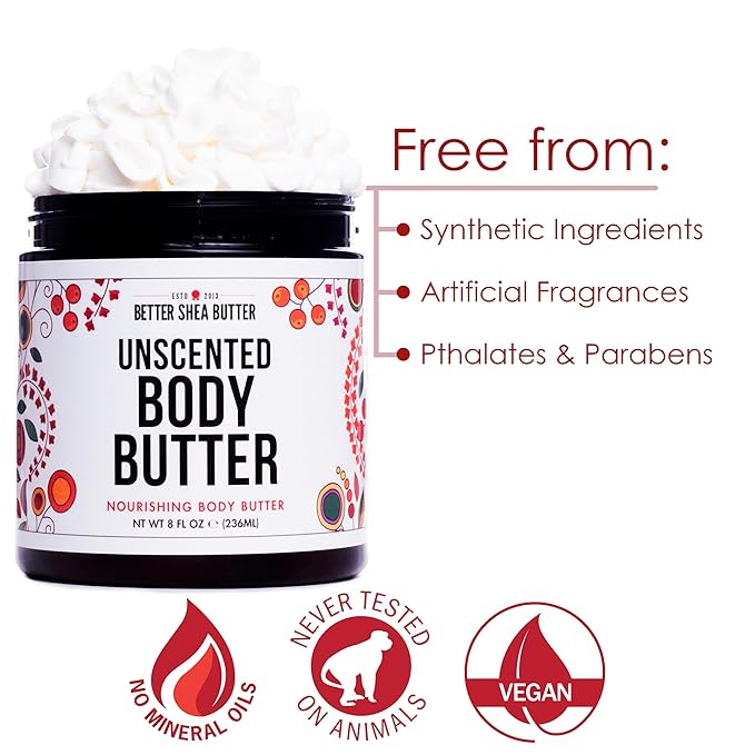 Unscented Body Butter for Dry Skin | with Raw Shea Butter and Jojoba Oil | Deep Moisturizer Safe for Sensitive Skin, Non Greasy, Fragrance Free | 8 oz