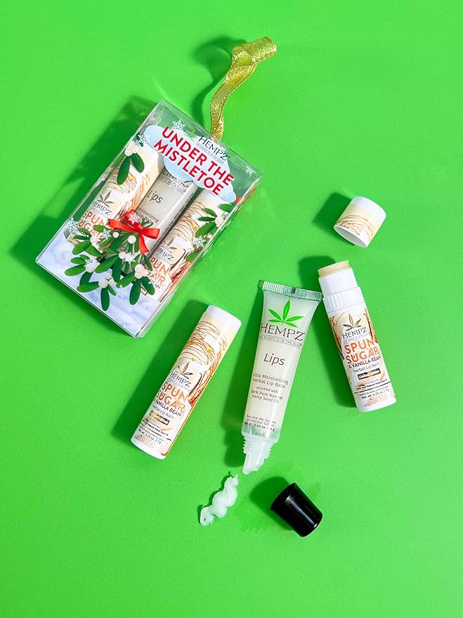 Hempz Holiday Lip Balm Trio Gift Set, Under the Mistletoe, Original Scent and Spun Sugar Vanilla Scent, Pack of 3