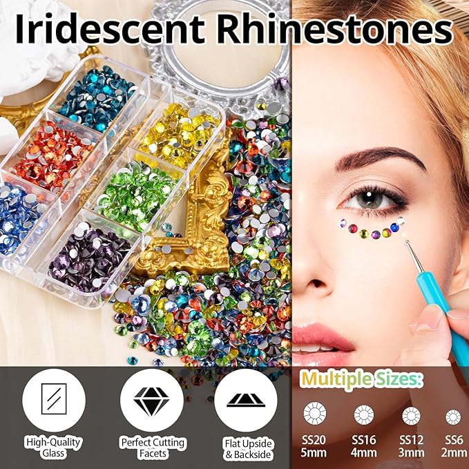 Colorful Face Gems for Makeup Set, Flatback Gorgeous Glass Clear+Mixed-Colored Crystals with Picker Pencil, Makeup Glue, Dual-End Dotting Tool, Tweezer for Eye Body Hair Make-up and Nail Art Deco