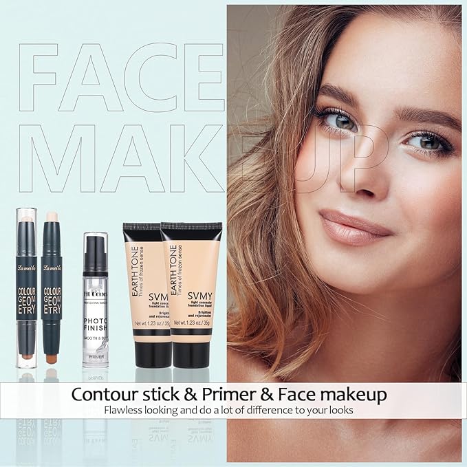 All in One Makeup Kit for Women Full Kit Includes Palette Foundation & Face Primer, Makeup Brush Makeup Sponge, Eyebrow Soap, Winged Eyeliner Stamp 20 Colors Eyeshadow Gift Set for Women, Girls & Teen