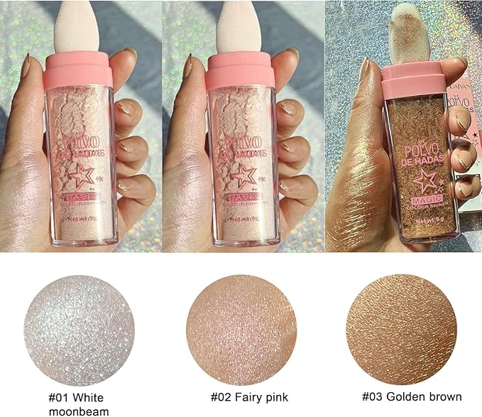 3 Color Polvo De Hadas, Body Glitter Highlighter Powder Fairy Stick for Makeup Shimmer and Shine High Gloss Blush Contour Powder Makeup - Sparkle Patting for Hair Face Eyes Body
