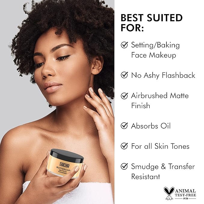 Sacha BUTTERCUP Setting Powder Makeup 1.75 Oz. Translucent Setting Powder for Oily Skin Finishing Powder Loose Powder Makeup Blurring Powder Blurs Fine Lines and Pores For Medium to Dark Skin Tones