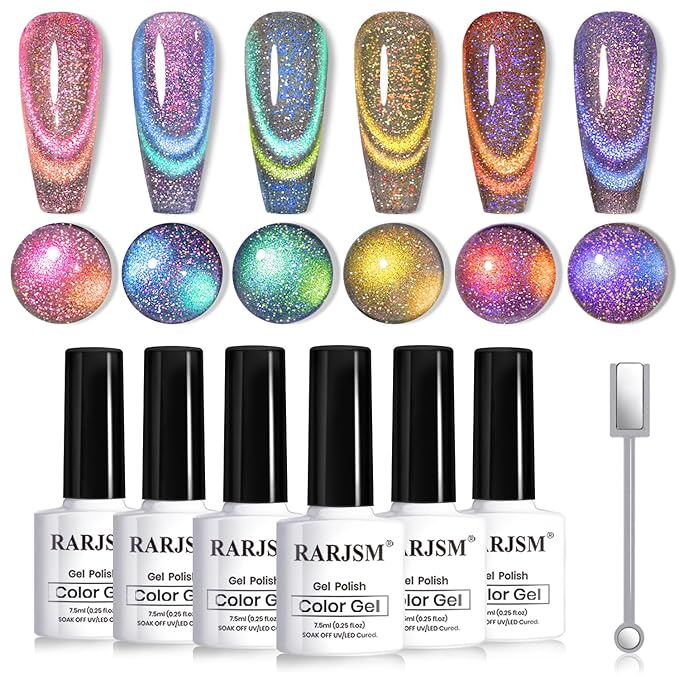 RARJSM 9D Chameleon Glass Cat Eye Gel Nail Polish Set 6Pcs Pink Purple Blue Green Yellow Multi Color Cateye Galaxy Shimmer Gradient Effect with Magnetic Stick UV LED Curing Require Home Salon