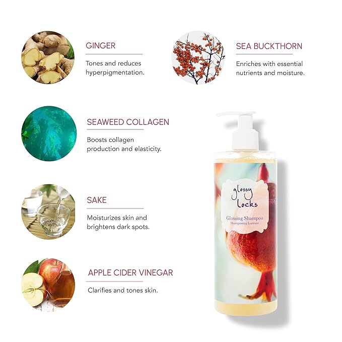 100% PURE Glossy Locks Glossing Shampoo Hair Wash Detox & Hydrate Shine Boosting Dry Dull Damaged Strands Avocado Butter & Seaweed Collagen Natural Care for Women & Men Vegan - 13.5 Fl Oz