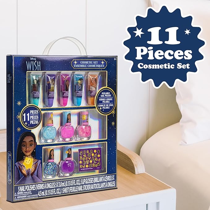 Disney Wish Sparkly Cosmetic Makeup Set for Girls with Lip Gloss Nail Polish Nail Stickers - 11 Pcs | Perfect for Parties Sleepovers Makeovers | Birthday Gift for Girls 3+ by Townley Girl