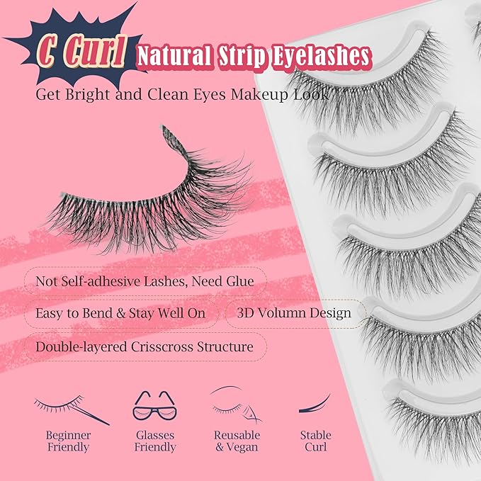 False Lashes Natural Look Wispy Eyelashes 13MM Eye Lash Pack for Daily C Curl Natural Lashes 7 Pair Siligli