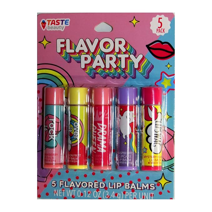 Taste Beauty (1) 5pc set Lip Balm Sticks - Flavor Party wit Unicorn, Rainbow, & More - Flavors: Strawberry, Passion Fruit, Cherry, Raspberry, Mystery - 0.12 oz each