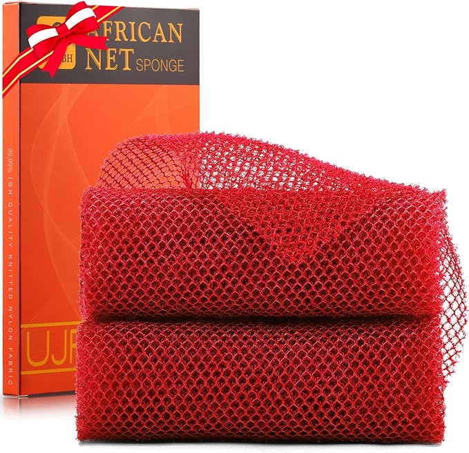 UJFQBH 2 Pieces African Bath Sponge African Net Long Net Bath Sponge Exfoliating Shower Body Scrubber Back Scrubber Skin Smoother,Great for Daily Use (Red)