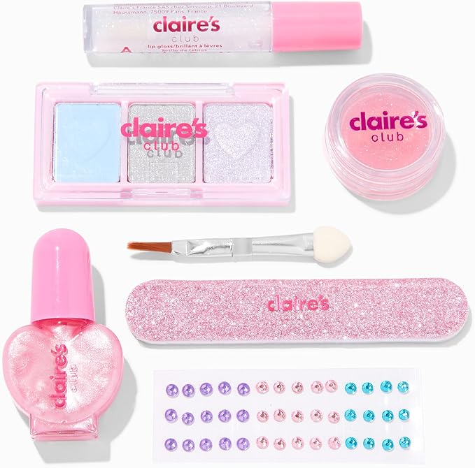 Claire's Accessories Snow Leopard Cosmetic Makeup Kit for Girls which includes Eye Shadows, Lip Gloss, Nails and More