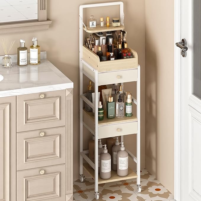 Wisdom Star Makeup Organizer Cart with 2 Drawers, Floor Skincare Organizers, Makeup Storage, Vanity Organizer, Cosmetics Display, Versatile Skin care Perfume Nail Polish Storage Rack for Bathroom