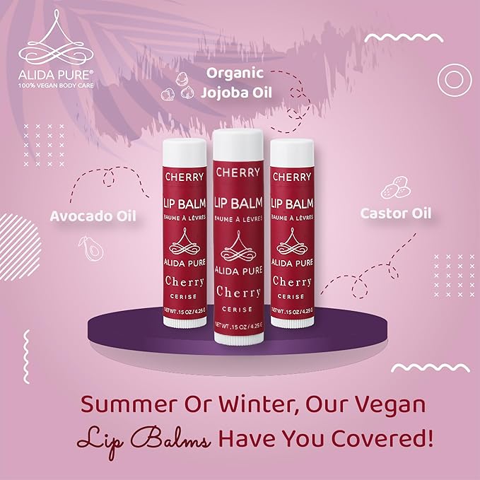 Cherry Lip Balm Collection, Vegan Lip Balm Set, Beeswax Free, with Avocado Oil, Organic Jojoba Oil, and Vitamin E, Natural Moisturizer for Dry, Chapped Lips, 3 Tube Set