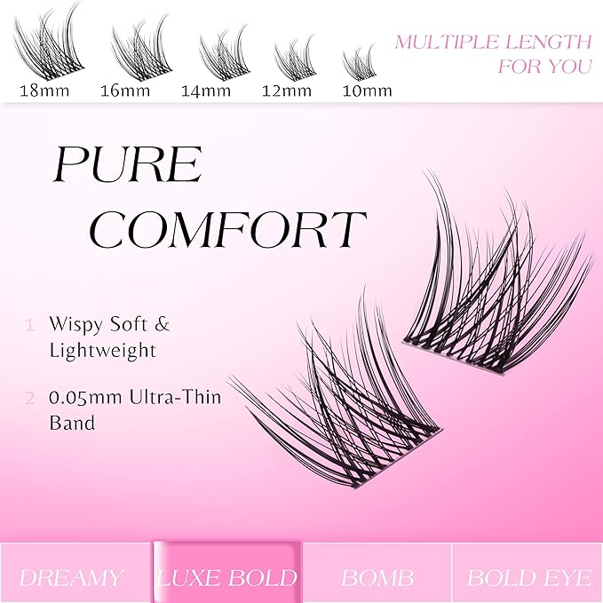 VEYESBEAUTY Lash Clusters Individual Eyelash Extensions Thin & Invisible Band DIY False Eyelashes for Self-application Newbie's Five-Second Series Wispy Lash Tray, LuxeBold 14mm Single Length