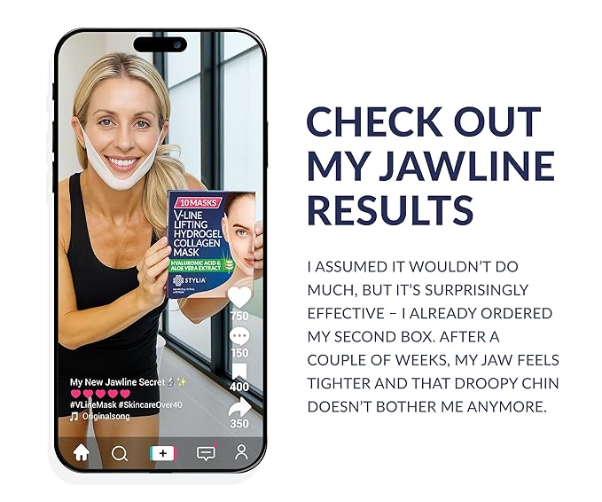 Stylia V Line Lifting Collagen Face Mask - Double Chin Strap for Women - Jawline Shaper Face Lift Tape - Neck Lift Collagen Mask - Chin Strap for Sleeping - Hyaluronic Acid, Aloe Vera, Cica 5PC