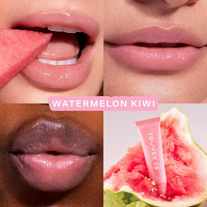 Tower 28 LipSoftie Hydrating Tinted Lip Treatment Balm, Moisturizing Lip Mask for Chapped Lips - Watermelon Kiwi Flavor, Sheer Baby Pink Gloss