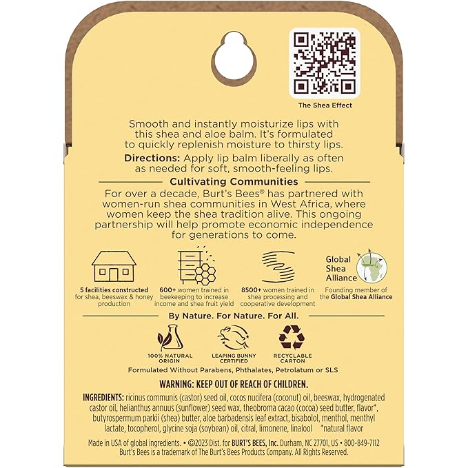 Burt's Bees Lip Balm Mothers Day Gifts for Mom - Shea and Aloe Lip Moisturizer With Responsibly Sourced Beeswax, Tint-Free, Natural Origin Conditioning Lip Treatment, 4 Tubes, 0.15 oz.