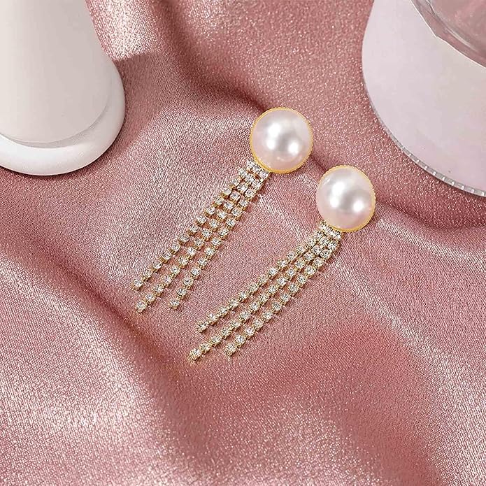 Vintage Crystal Pearl Drop Earrings Cz Bridal Crystal Earrings Long Rhinestone Tassel Earrings Gold Pearl Stud Earrings Jewelry for Women