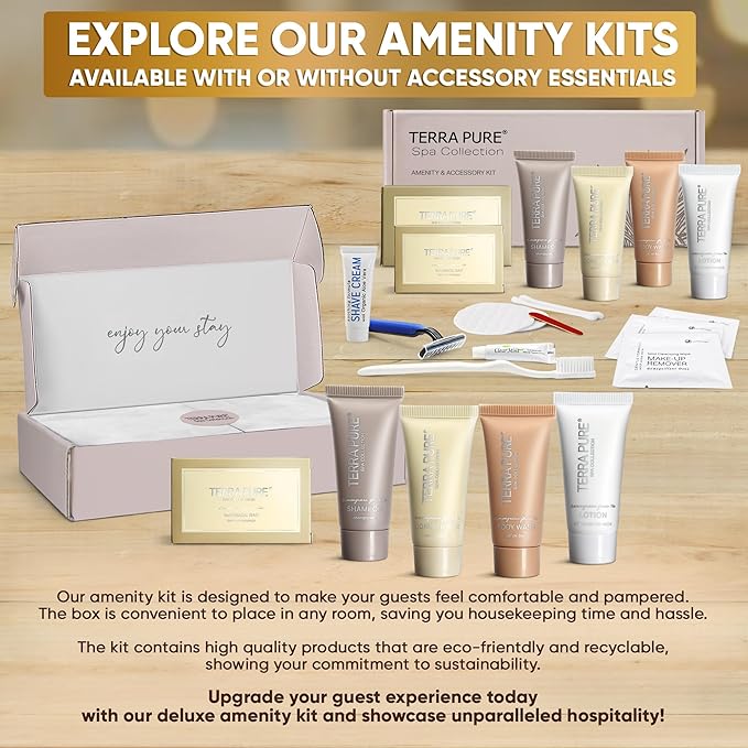 Terra Pure Spa Collection Amenity Kit | Hotel Toiletries | Bulk Set 0.85 oz Travel Size Shampoo,Conditioner, Lotion,Body Wash & Massage Bar for Guest Hospitality AirBnB/Vacation Rentals | 60 sets/case