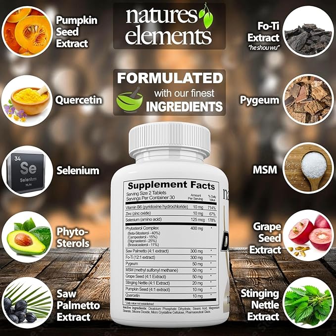 Natures Elements DHT Blocker – Herbal Formula with Saw Palmetto, Fo-Ti & Beta-Sitosterol – Supports Hair Regrowth & Gray Hair Reversal – Non-GMO, Vegetarian - 60 Tablets - Pack of 3