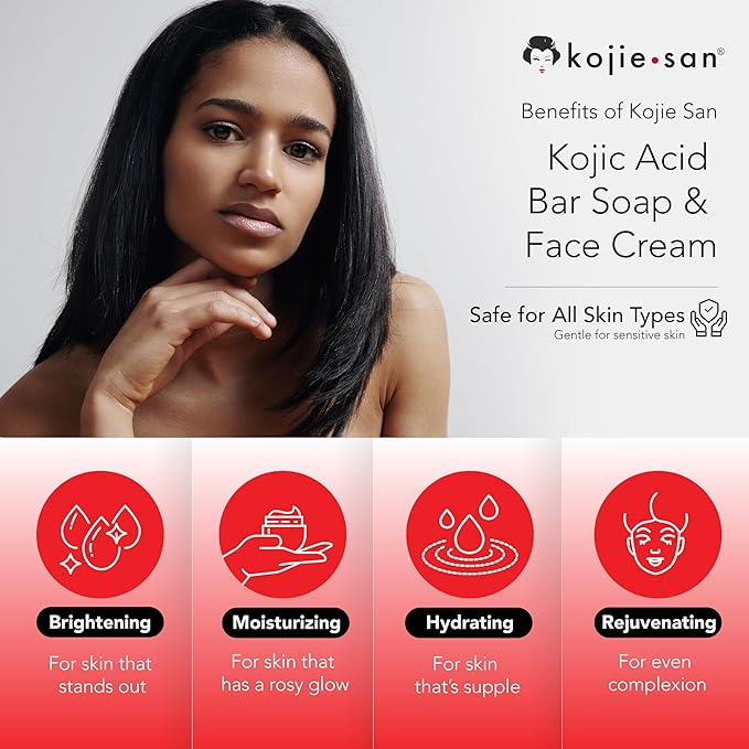 Kojie San Skincare Bundle - Facial Brightening Set with 2 Bars of Kojic Acid Soap, Face Cream & Exfoliating Face Brush