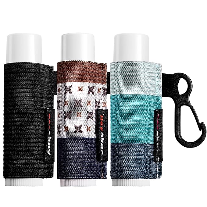 3PCS Lip Balm Holder Sleeves Chapstick Holder Keychain Lip Gloss Holder Keychain Elastic Sleeves (Black/light blue strip/dark blue strip)