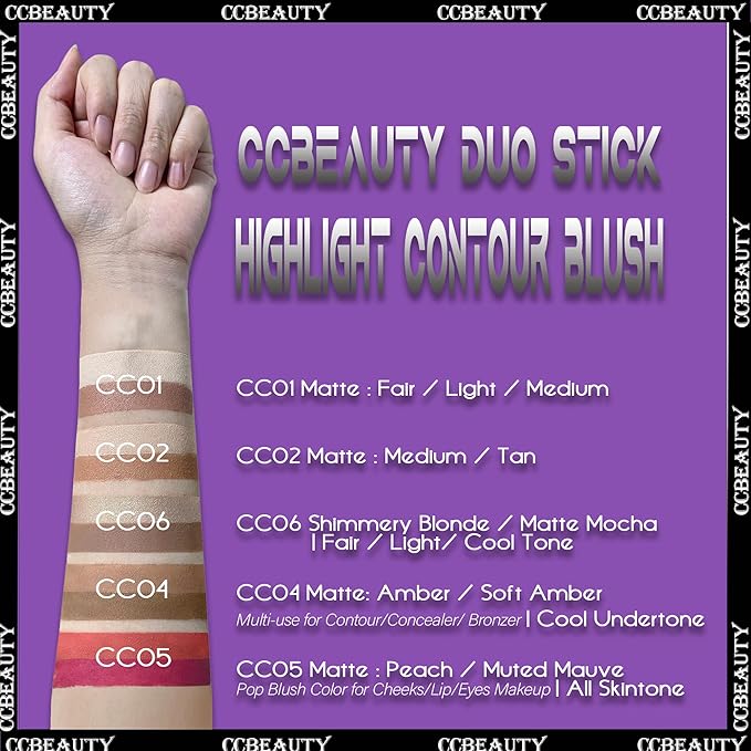 CCbeauty 2pcs 2-IN-1 Shimmer Contour Highlighter Stick with Blush,Cream Dual-End Highlight Bronzer Concealer & Blusher for Cheeks & Lip, Long Lasting Contouring for Face Shaping Makeup, Light-Medium