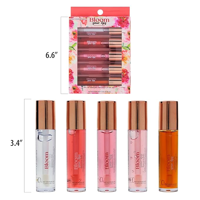 Expressions 5pc Lip Oil Set - Bloom Your Lips Style Essentials Lip Oils, Lip Healing Lip Oil Collection with Precision Applicator Wand | Moisturizing for Everyday Lip Care and Lip Repair (FLORAL)