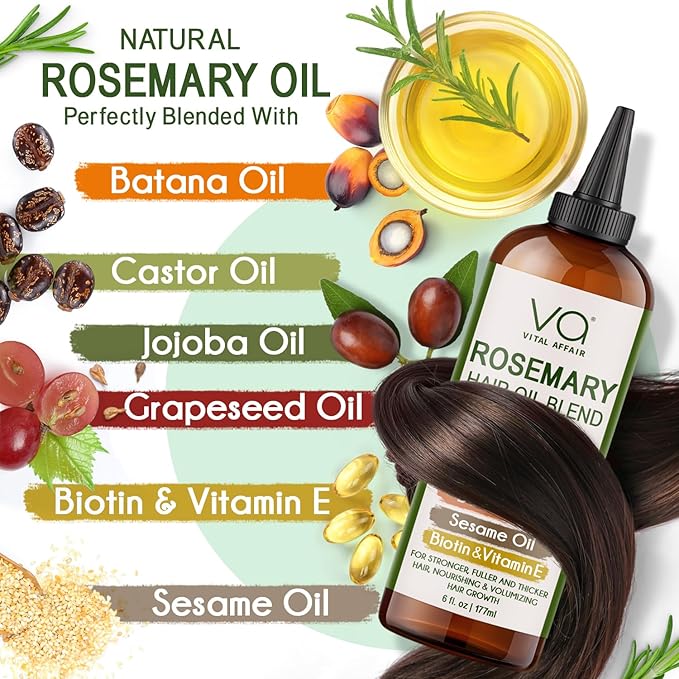 Blend Of Pure Rosemary Oil For Hair Growth With Castor, Batana, Jojoba Oil-Infused With Biotin & Vitamin E-Blend of Effective Hair Oils for Hair Growth-Strengthening Treatment 6 Fl Oz