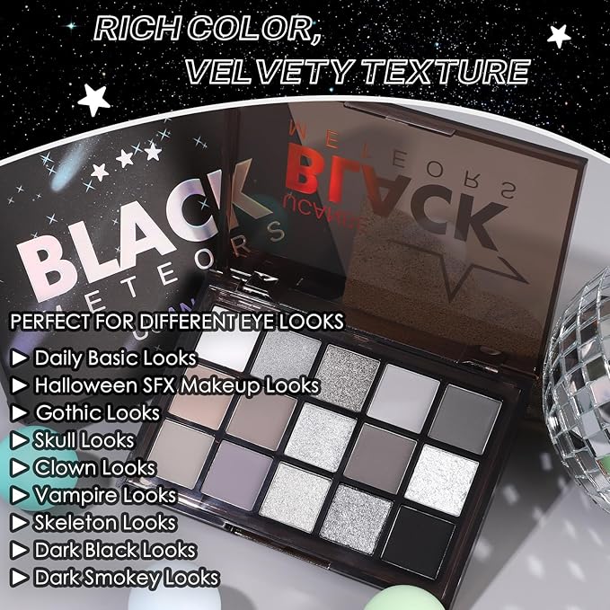 UCANBE Smokey Black Eyeshadow Palette, 15 Colors Dark Shimmer Matte Metallic Makeup Pallet, High Pigmented Gray Silver Sombras De Ojos Kit for Daily and Halloween