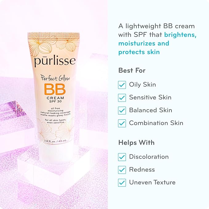 pūrlisse Perfect Glow BB Cream with SPF 30 - Matte Meets Dewy Finish - Enriched with Goji & Hawthorn Berry to Help Improve Skin Texture & Radiance - Deep (1.4 oz)