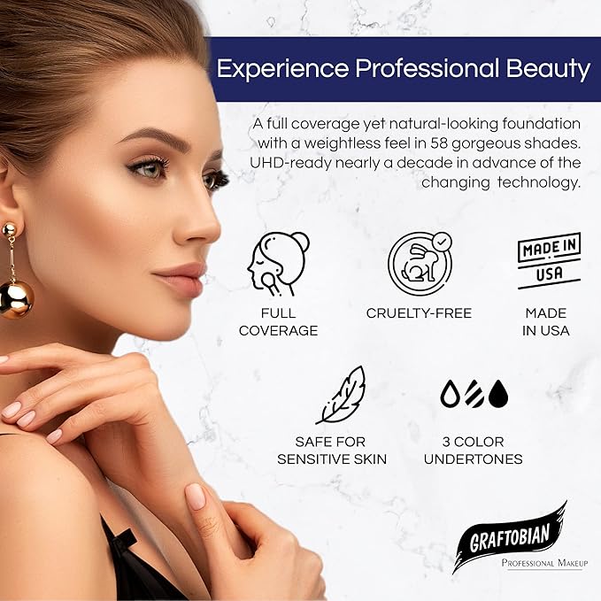 Graftobian HD Glamour Crème Foundation 1/2oz, Weightless Full Coverage Makeup, 65 Inclusive Shades, For All Skin Types, Natural or Full-Glam Looks, For Professionals and Beginners, Show Stopper