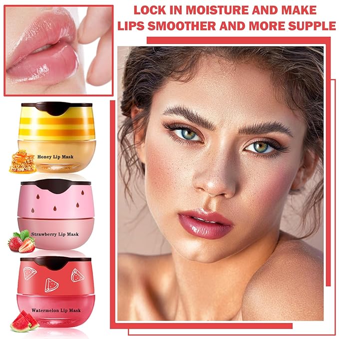 3PCS Bee Lip Balm Honey Pot Honey Strawberry Watermelon Lip Balm Sleeping Lip Mask Silky Hydrating Bee Lip Balm Honey Lip Mask Overnight Lip Care Products(Honey+Strawberry+Watermelon)