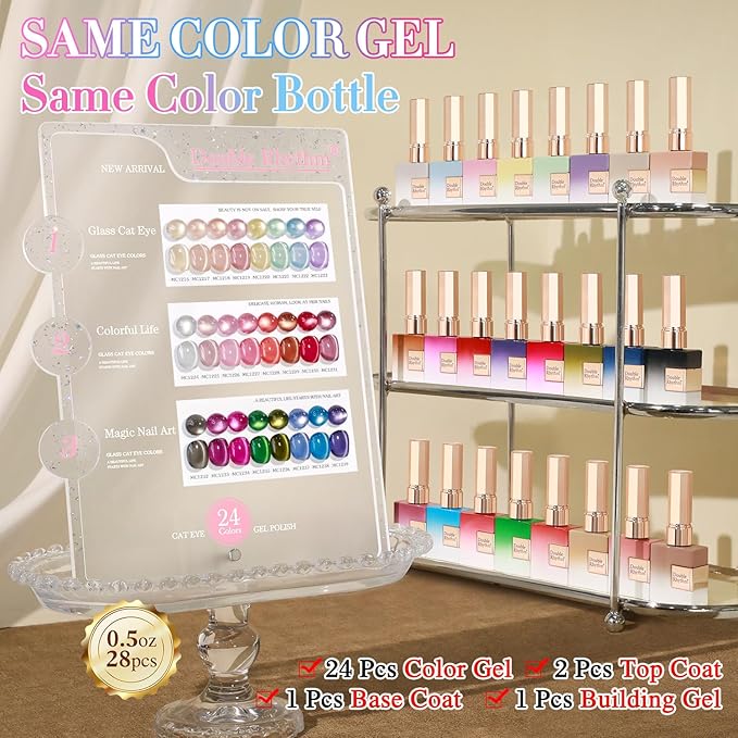 Double Rhythm 28Pcs 0.5Oz Glass Cat Eye Gel Nail Polish Set Same Color Same Bottle Soak Off Magnetic Jelly Gel Polish Kit Nail Art Manicure Salon DIY at Home (Nude Pink Blue Green-T24-10)