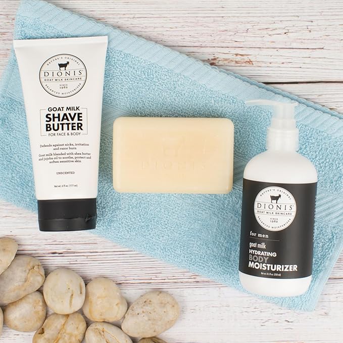 Dionis Goat Milk Skincare Men's Unscented Bath & Body 3pc Gift Set - Blended Shea Butter & Jojoba Oil Shave Butter For Sensitive Skin, Unscented Hydrating Moisturizer & Nourishing Bar Soap For Men
