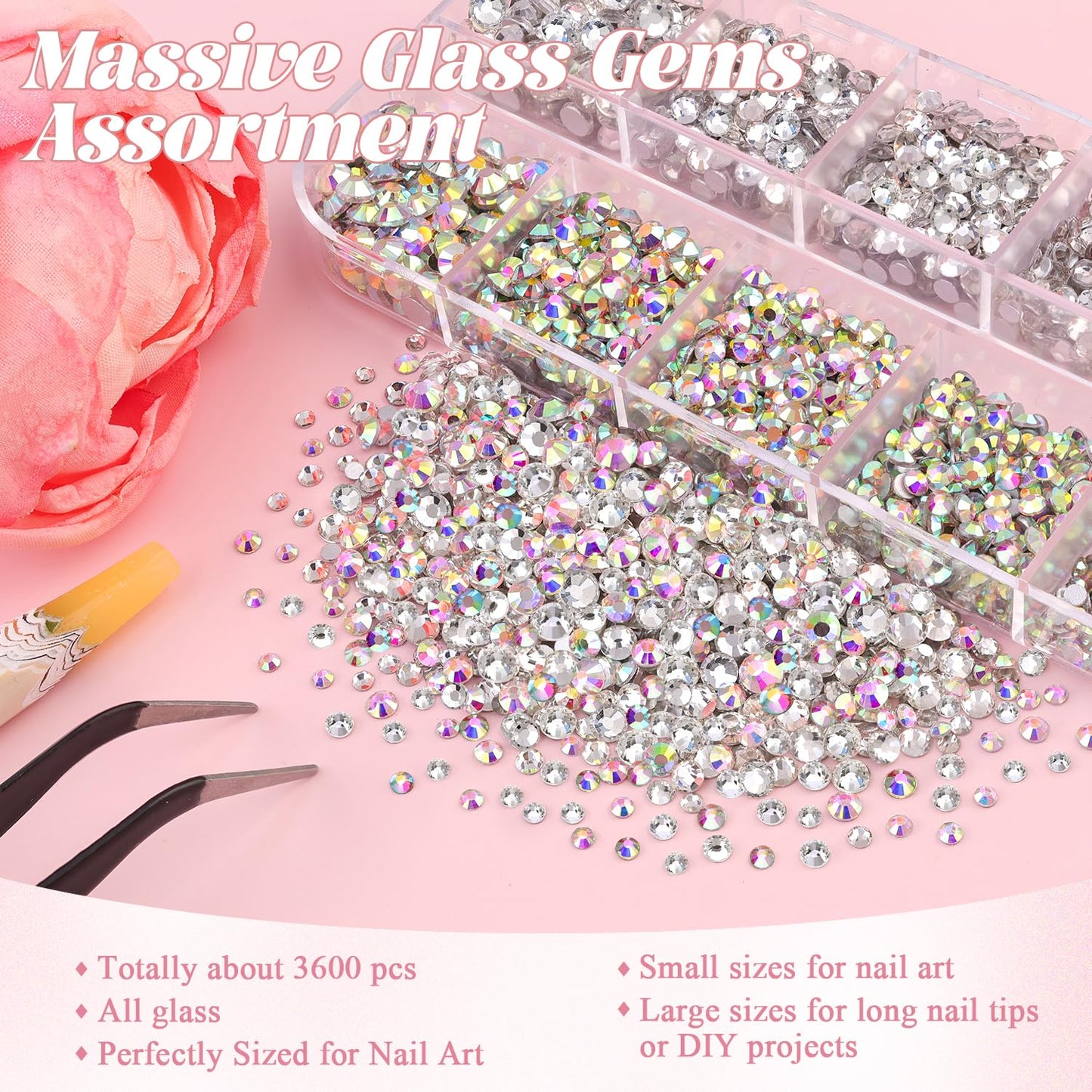3600pcs Glass AB and Transparent White Nail Rhinestones 6 Sizes(1.8/2/2.4/2.8/3/4mm) Flatback Crystal Nail Charms Jewels Decoration for Nail Art and Crafting, Tweezer and Pickup Pen included