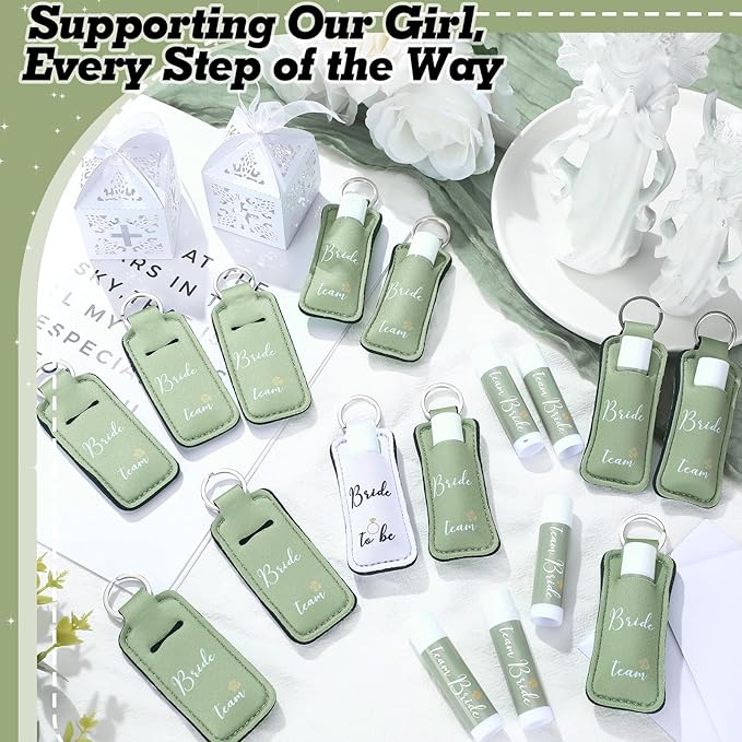 24 Pack Bachelorette Party Favor Lip Balm Set Team Bride Lip balm with Lipstick Holder Keychain Bride to be Lip balm Bridal Shower Proposal Gifts for Wedding Party Favors(White, Sage Green)
