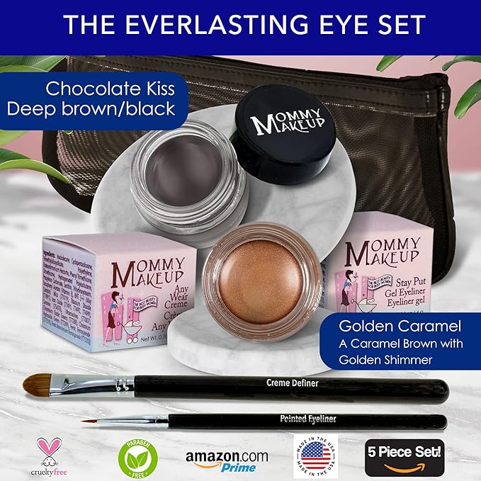 The Everlasting Eye 5 Piece Waterproof Makeup Set. Gel Eyeliner, Creme Eyeshadow, 2 brushes and Mesh Bag. Paraben-free, Talc-free, Cruelty-free. Golden Caramel/Chocolate Kiss 1502