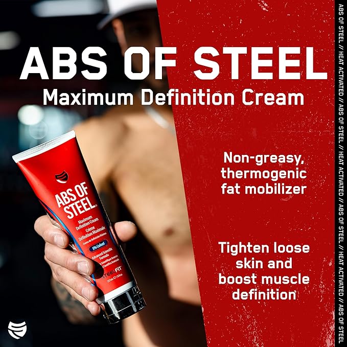 SteelFit Abs of Steel Maximum Definition Cream - Skin Tightening, Toning & Firming Lotion for Sculpting Abs - L-Carnitine Pre & Post Workout Supplement for Men & Women - Non-Greasy Formula, 3.4 Ounces