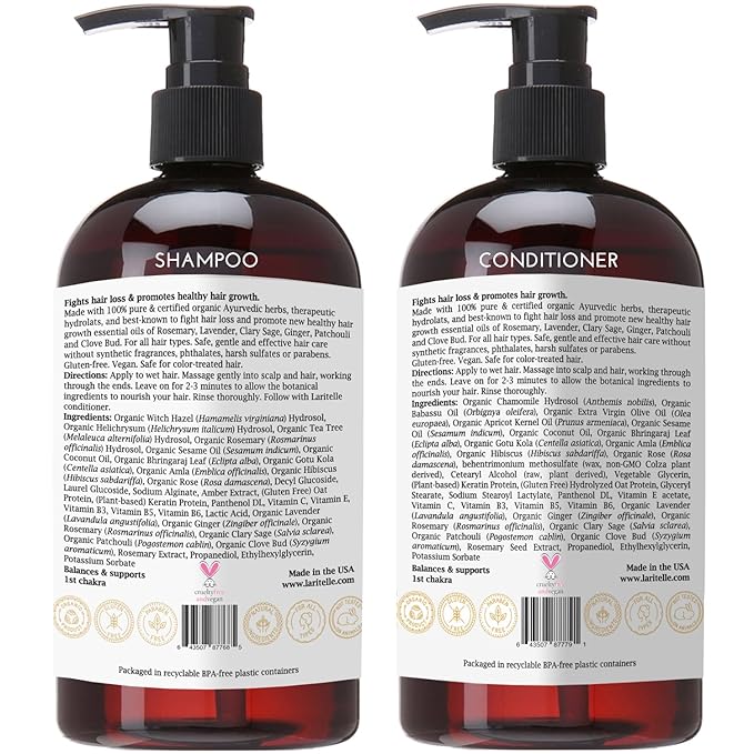 Organic Shampoo 17 oz + Conditioner 16 oz | Prevents Hair Loss, Promotes Hair Growth | Ayurvedic Herbs, Lavender, Ginger & Rosemary | NO GMO, Sulfates, Gluten, Alcohol, Parabens, Phthalates