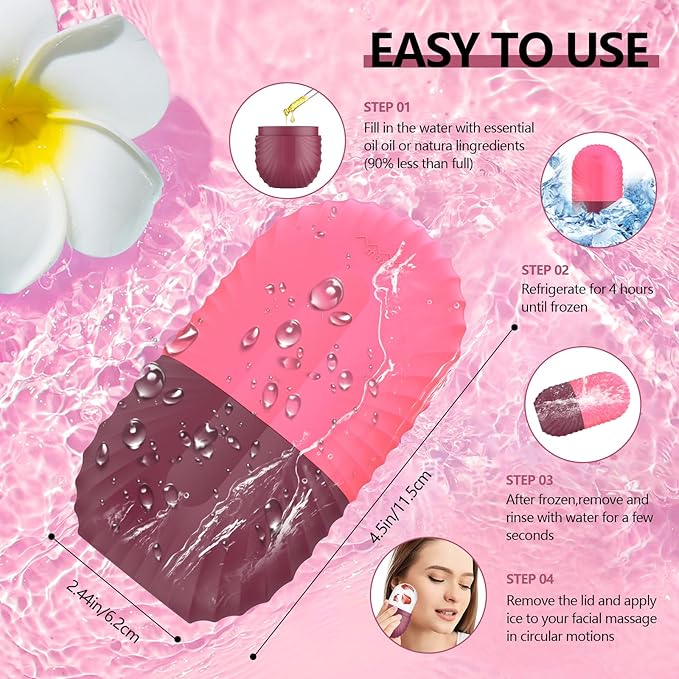 2pcs Ice Roller for Face and Eye, Silicone Ice Facial Roller Ice Holder, Face Ice Mold Skin Care, Face Icers Reusable Ice Cube Roller for Shrink Pores Anti Wrinkle Reduce Puffiness, Pink Rose