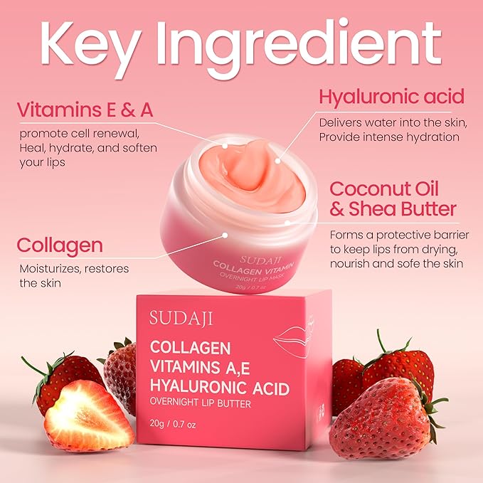 Lip Mask, Collagen Hydrating Lip Balm, Overnight Moisture Lip Butter with Hyaluronic Acid & Aloe Vera, Sleeping Nourishing Lip Butter Balm