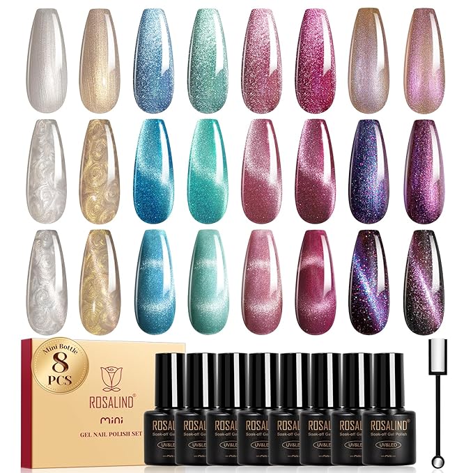 ROSALIND Cateye Gel Polish, 8 Colors Holographic Magnetic Cat Eye Gel Nail Polish Set with Magnet, Red Blue Purple Black Gel Polish Galaxy Collection Nail Art Gift DIY at Home
