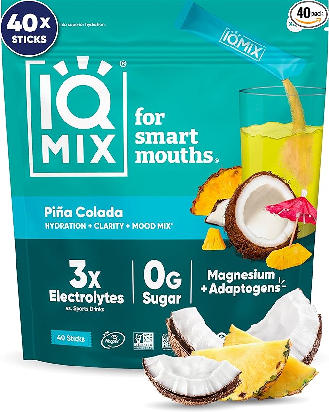 IQMIX Hydration Electrolyte Powder – 4-in-1 Formula for Hydration, Mental Clarity, Mood and Recovery – Sugar-Free Drink Mix, Keto, Magnesium L-Threonate, Lion’s Mane – 40 Count Piña Colada