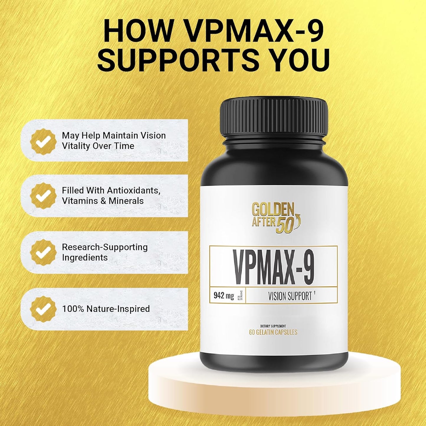 Golden After 50 VpMax-9 - Sight Care and Antioxidant Supplement with Eye Vitamins, Lutein, Lycopene and Bilberry Extract - 60 Gelatin Capsules