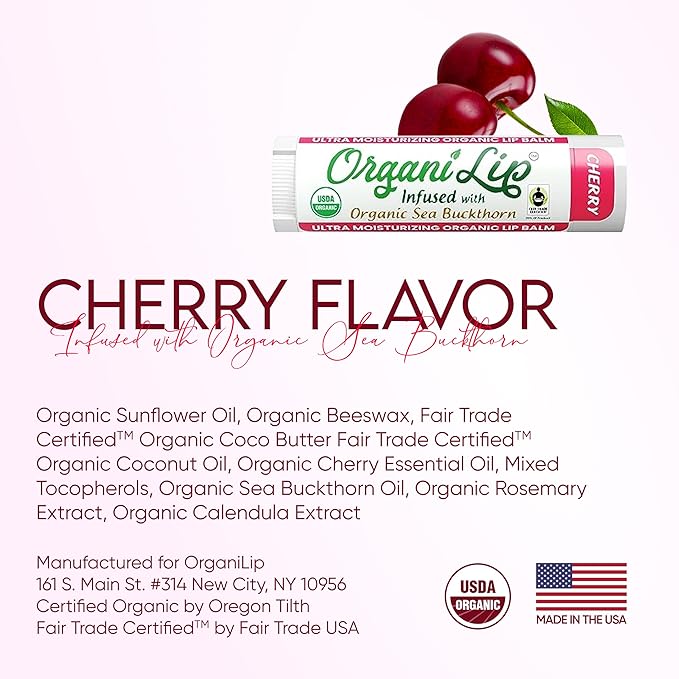 OrganiLip USDA Certified Organic Lip Balm for Nourishing Cracked or Dry Lips - All-Day Ultra Moisturizing Lip Care in Oval Shaped Tubes - 3-Pack (Cherry)