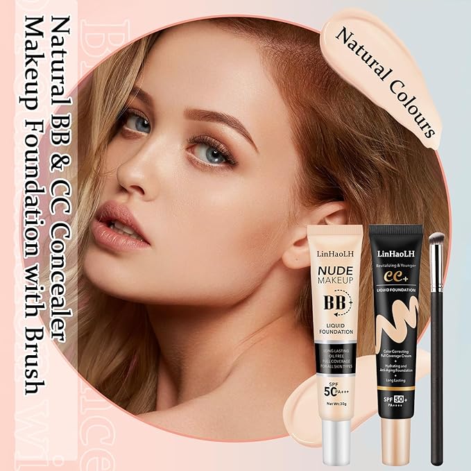Full Coverage Concealer Foundation,Oil Control Long Lasting Lightweight BB Cream Tinted Face Moisturizer with SPF 50+ PA+++,Moisturizing CC Cream Liquid Foundation Makeup Brush Set（2 Pack）