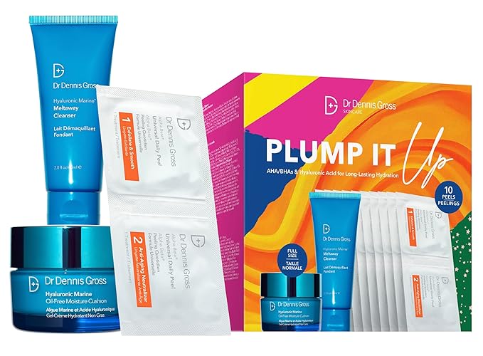 Dr Dennis Gross Plump It Up Kit: 3 Piece Dry Skin Essentials Set: Includes Hyaluronic Marine Moisture Cushion, Universal Daily Peel 10 App, Hyaluronic Marine Meltaway Cleanser