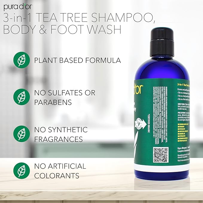 PURA D'OR 3-in-1 Tea Tree Shampoo, Body & Foot Wash, Shampoo (16oz x3 = 48oz) Total Body Care - Foot Odor & Daily Hygiene, Cleansing Routine, Post-Workout Refreshment - Soothes, Invigorates, Nourishes