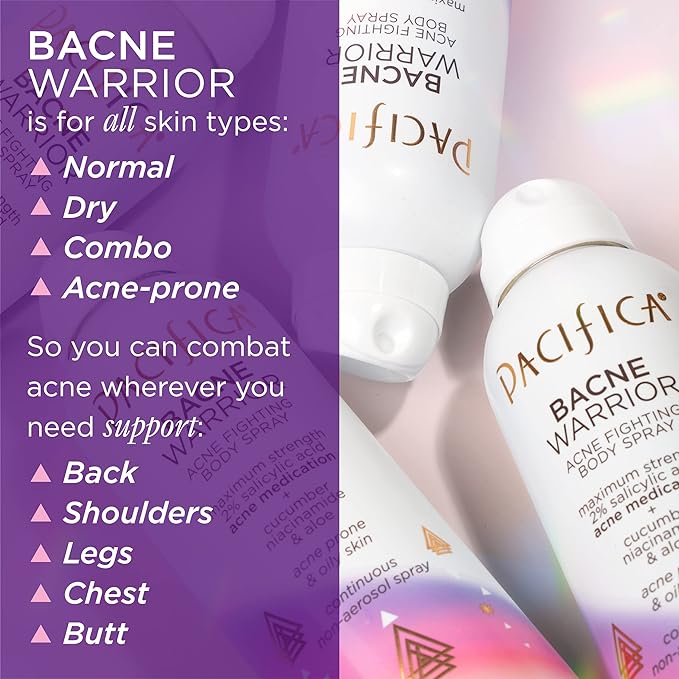 Pacifica Bacne Acne Cleanser Spray - Bacne Warrior - Body Spray for Acne Treatment - w/ 2% Salicylic Acid Niacinamide & Aloe - for Body, Chest & Back Acne for Teens & Adults Vegan Dermatologist Tested